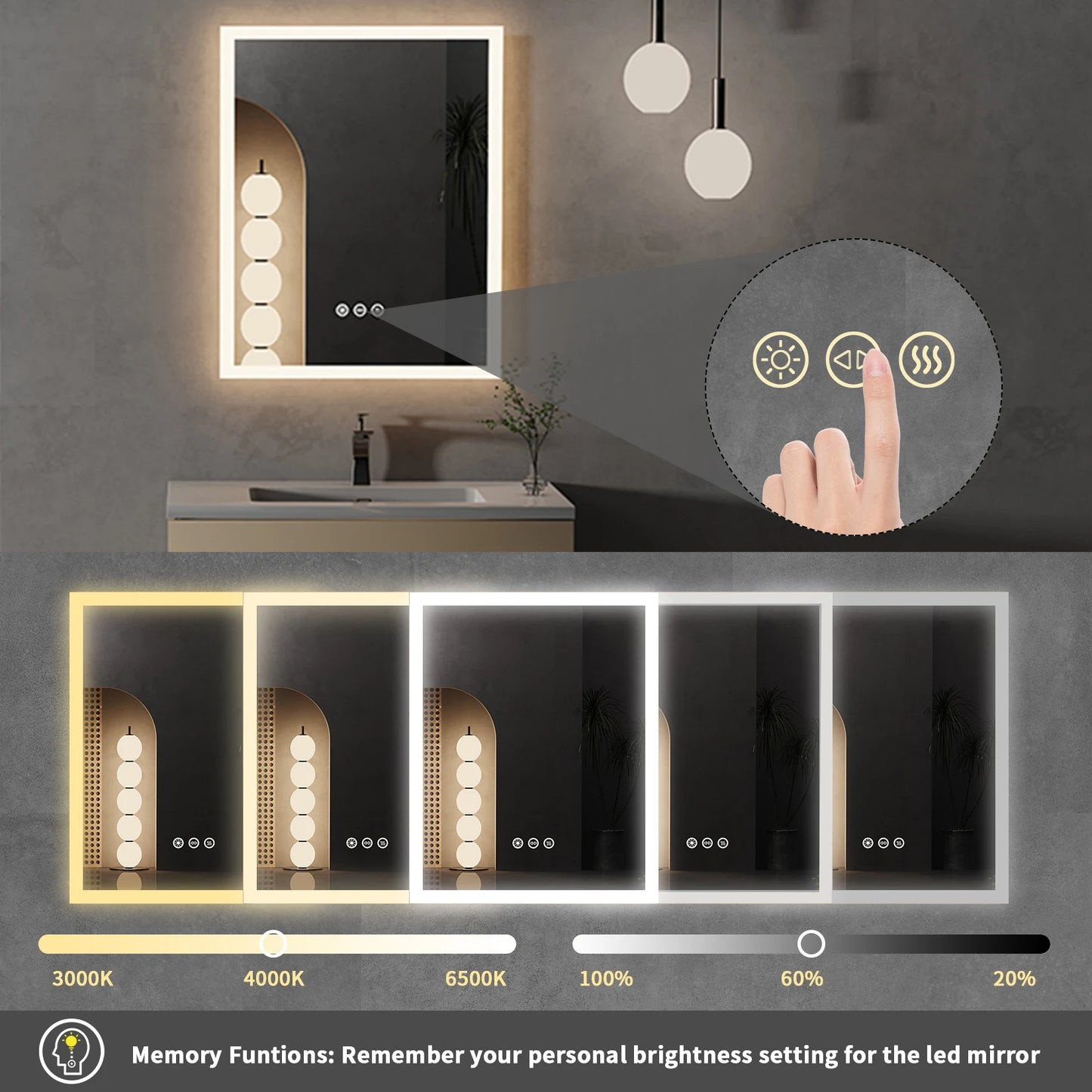 LED Bathroom Mirror 16x20 Anti-Fog Smart Touch